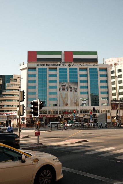 UAE flags above a city junction from Max Nicholson's archive